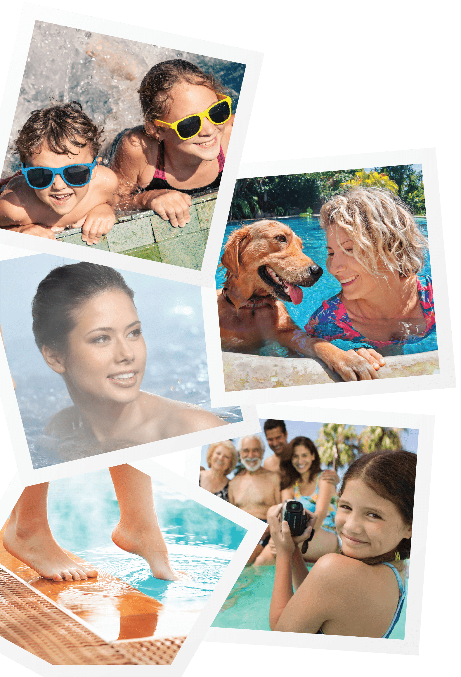 cards of stock images of people in pools
